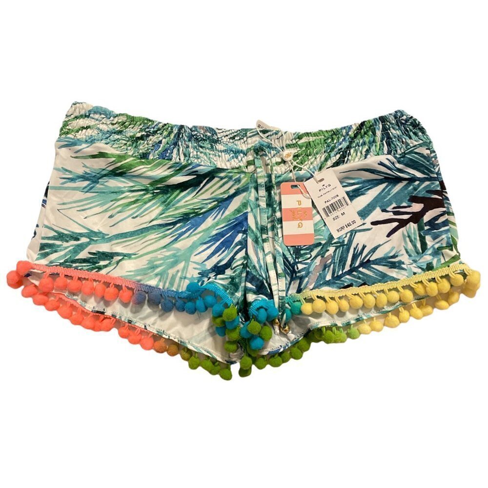 PilyQ Girls Swimwear Palm Tree Shorts w/ Pom Pom Fringe Hem NWT